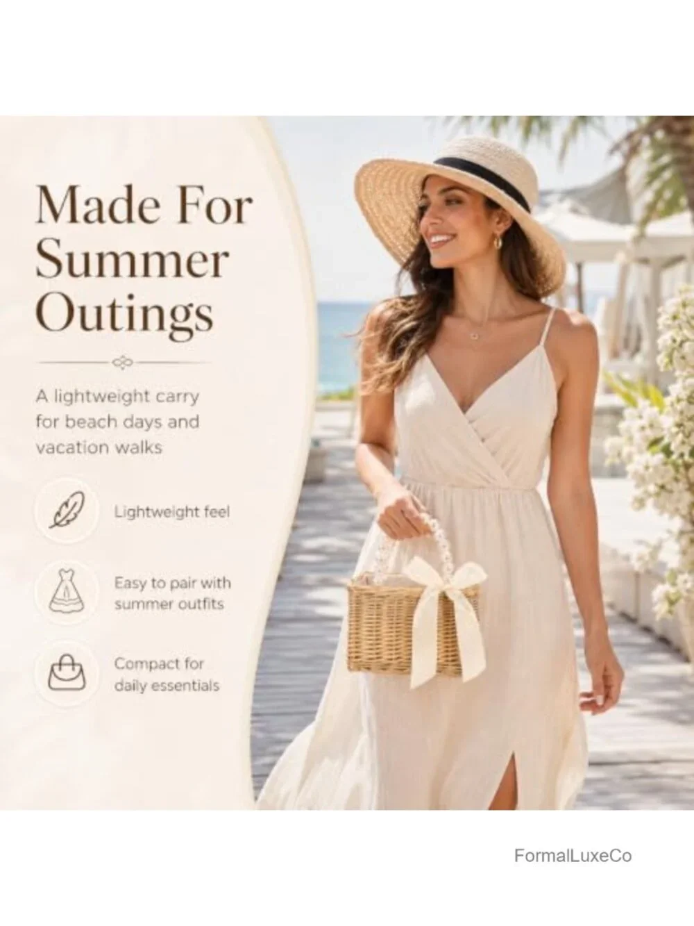 Woven Straw Basket Tote Bag with Pearl Handle Bow Drawstring Closure Summer